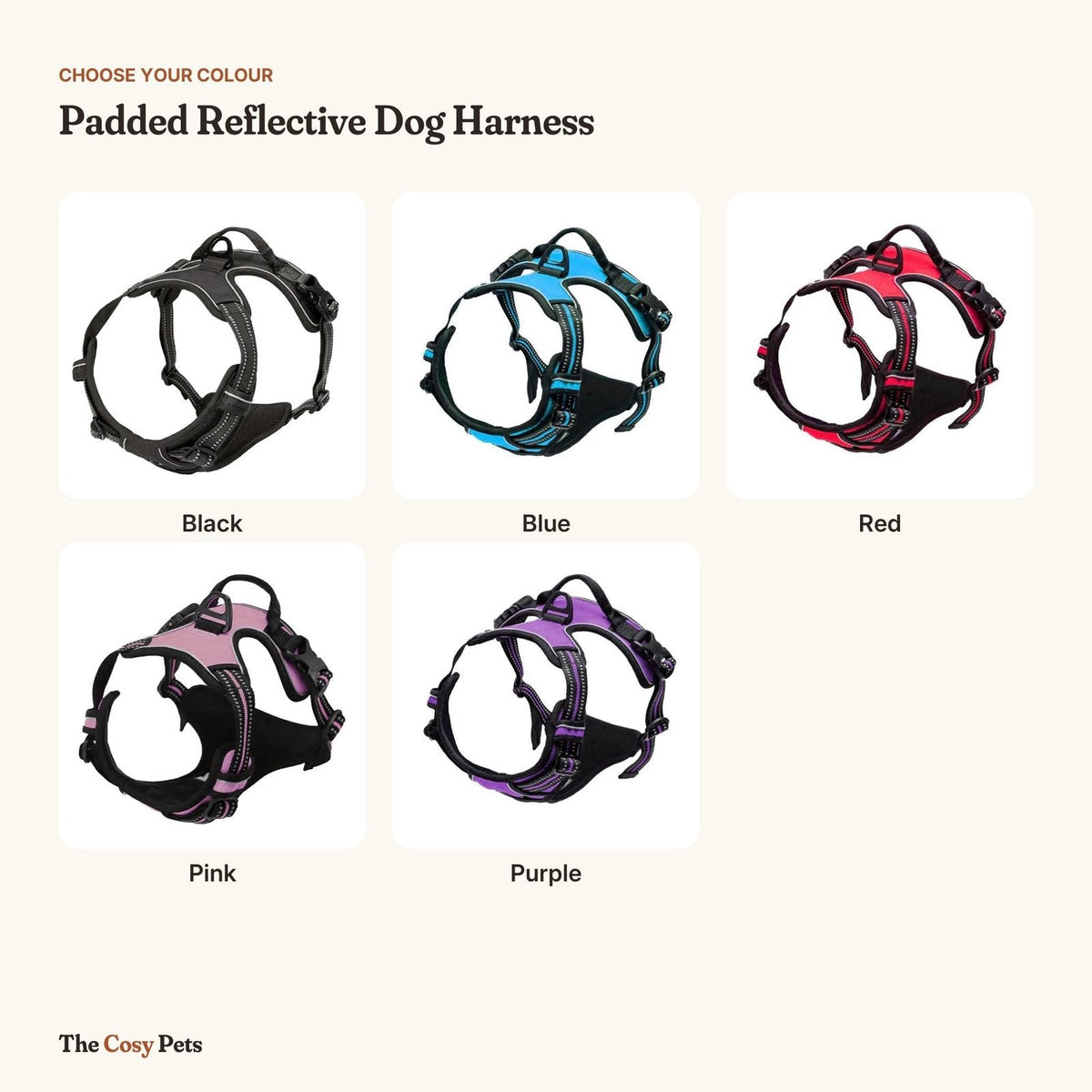 Dog harness colours: Black, Blue, Red, Pink and Purple