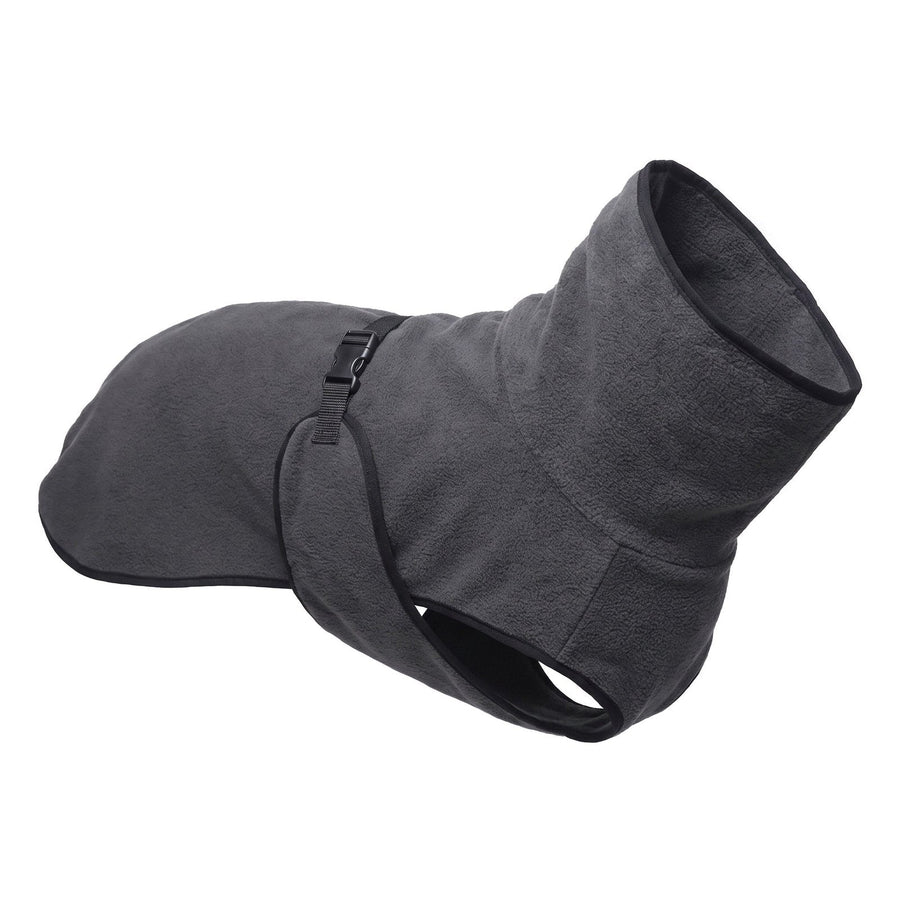 High-neck fleece dog coat in Charcoal with belly strap, on a white background