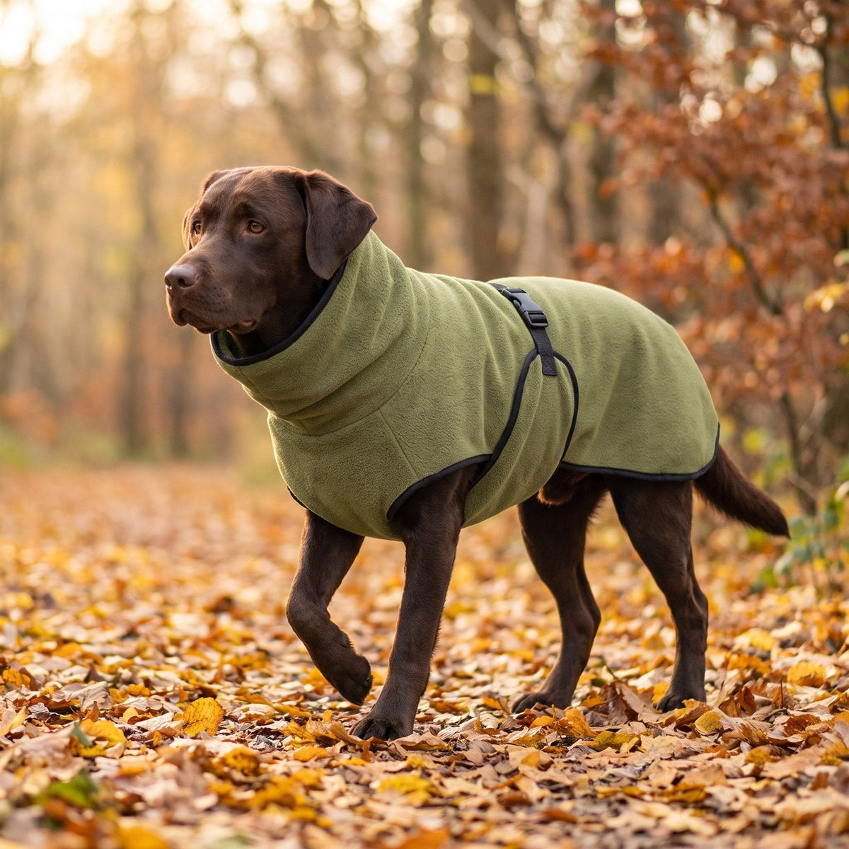 Chocolate labrador in autumn woodland wearing the Olive high-neck fleece coat