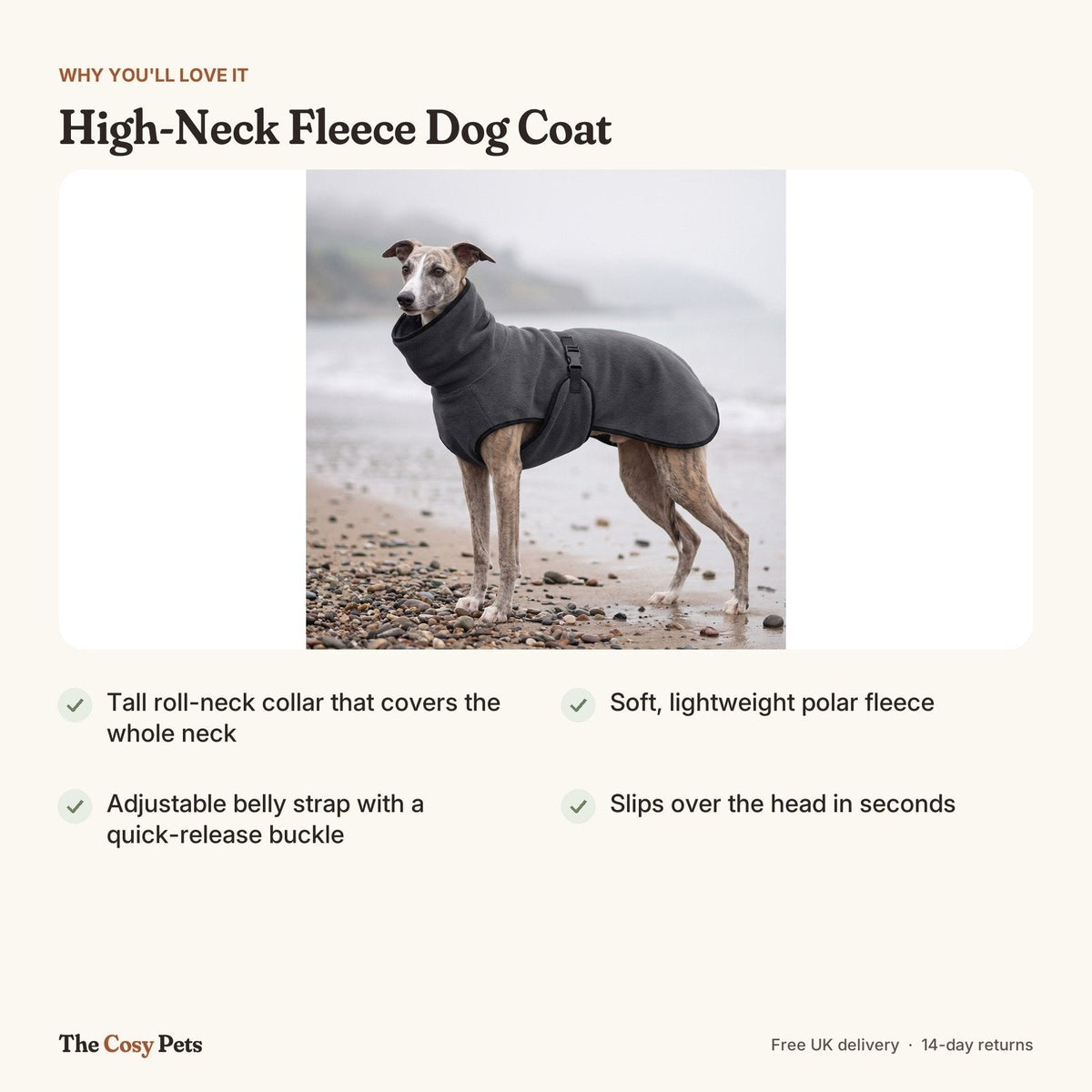 High-neck fleece dog coat features: tall roll neck, soft fleece, quick-release belly strap