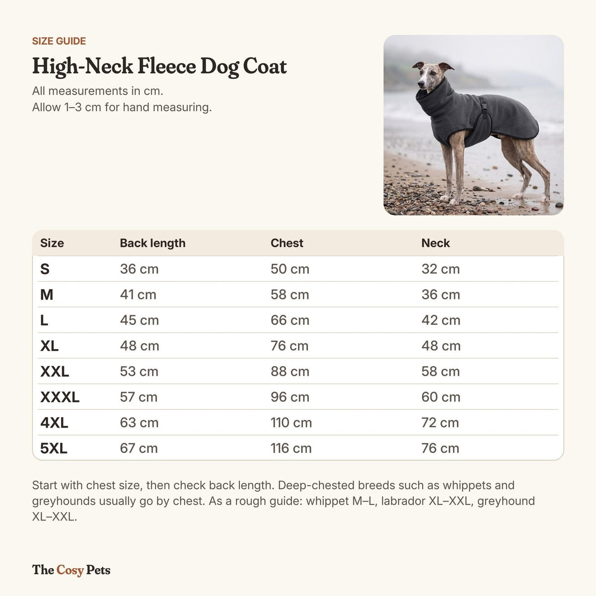 High-neck fleece dog coat size guide from S to 5XL with back length, chest and neck