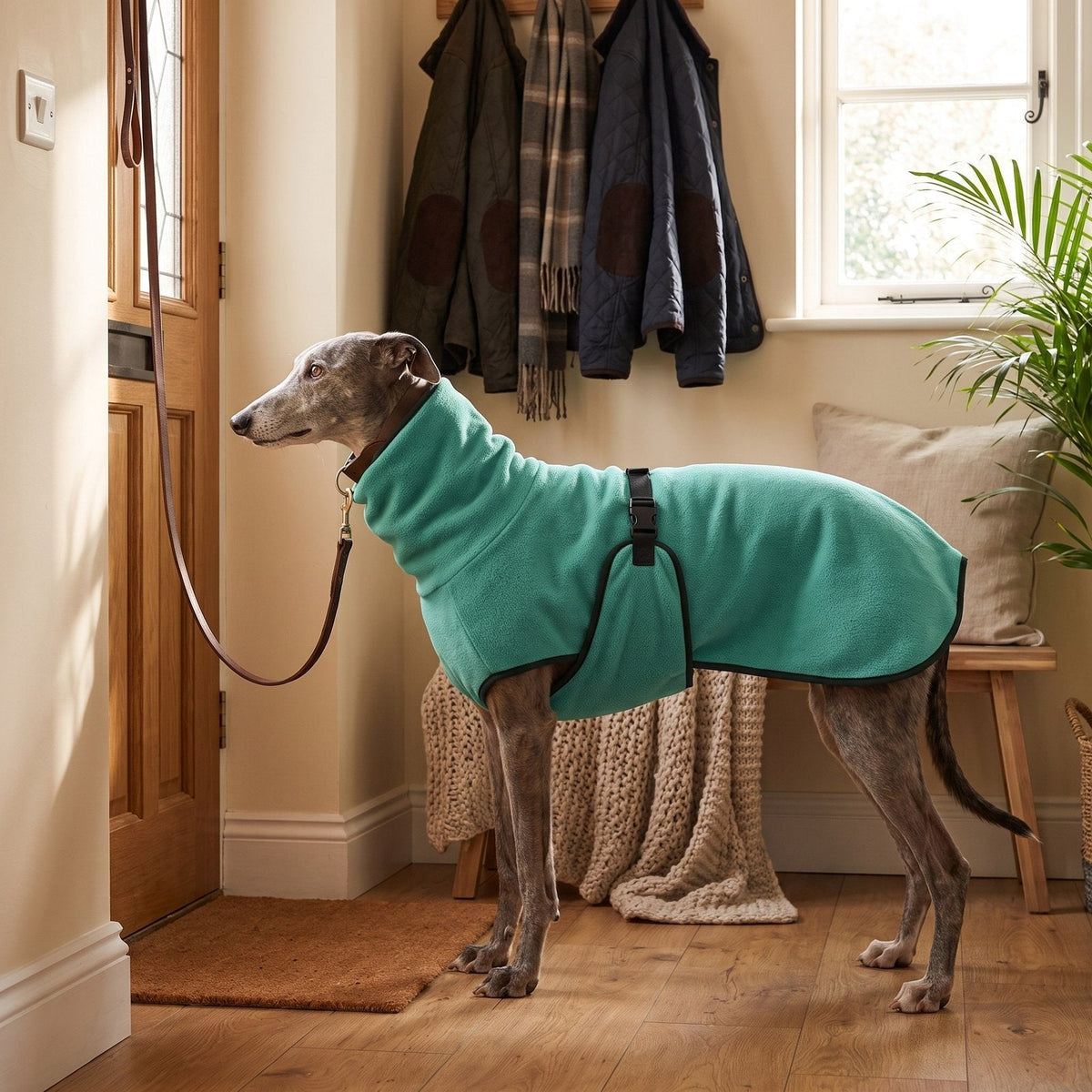 Greyhound in the Teal high-neck fleece coat by the front door, ready for a walk