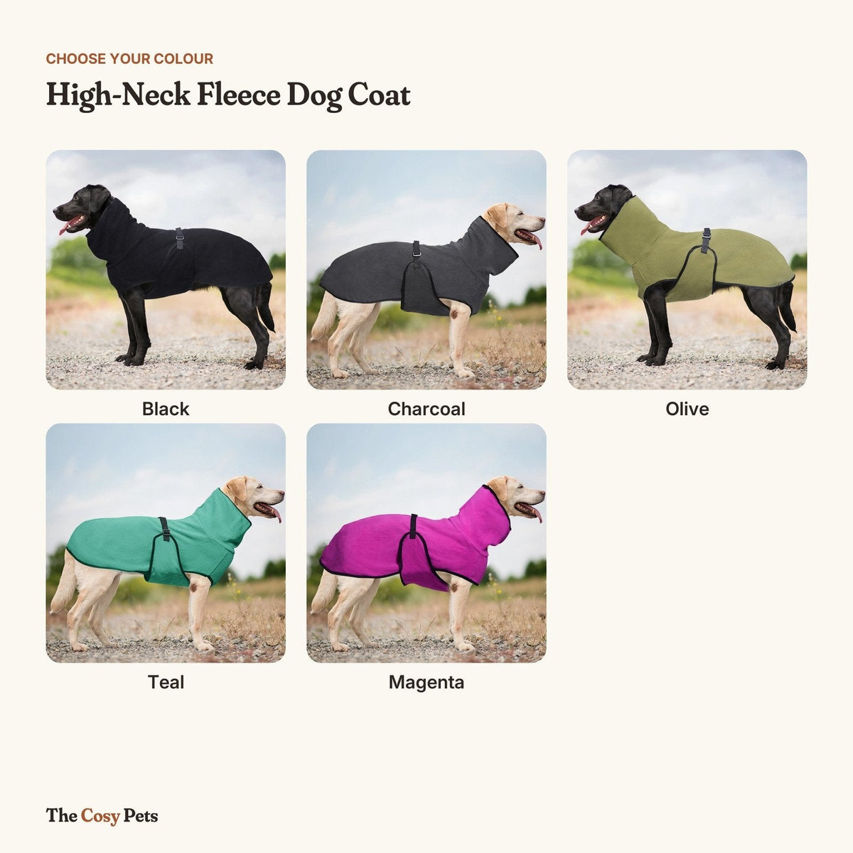 High-neck fleece dog coat colours: Black, Charcoal, Olive, Teal and Magenta