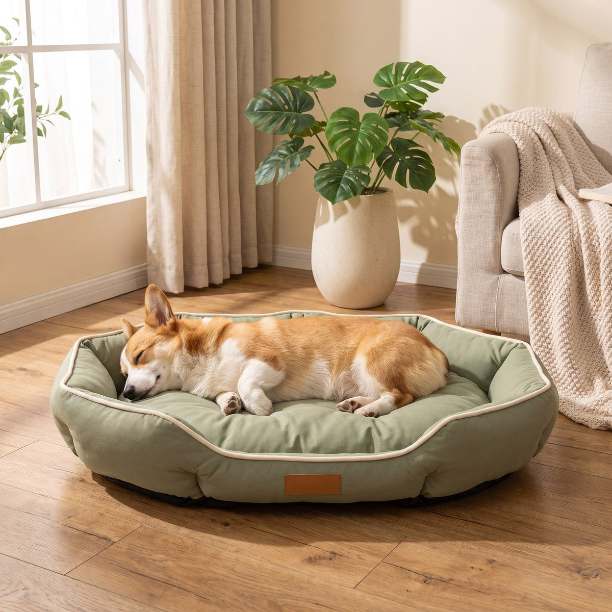 Corgi asleep in the Sage Green bolster sofa dog bed in a bright living room