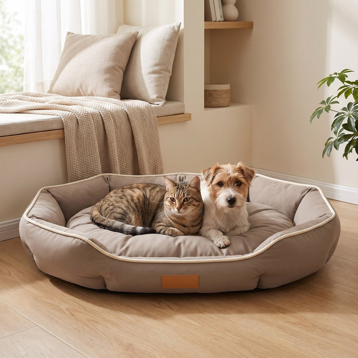 Tabby cat and terrier resting together in the Taupe bolster sofa bed