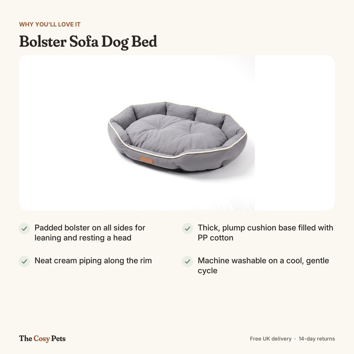 Bolster sofa dog bed features: padded raised sides, thick cushion, machine washable