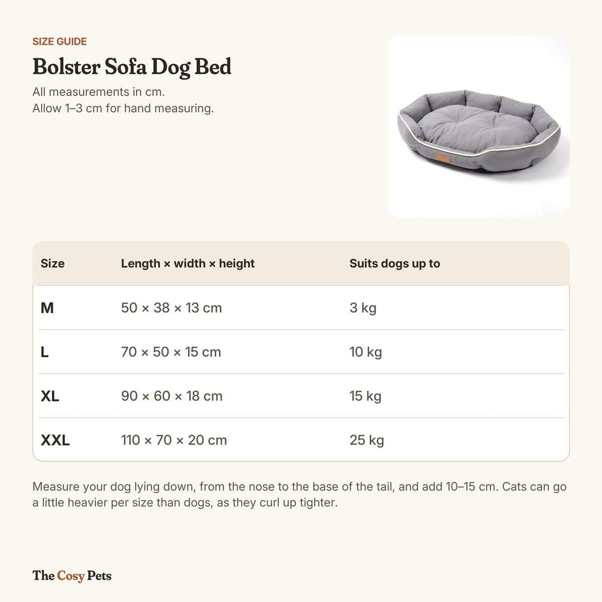Bolster sofa dog bed size guide: M 50 x 38 cm to XXL 110 x 70 cm