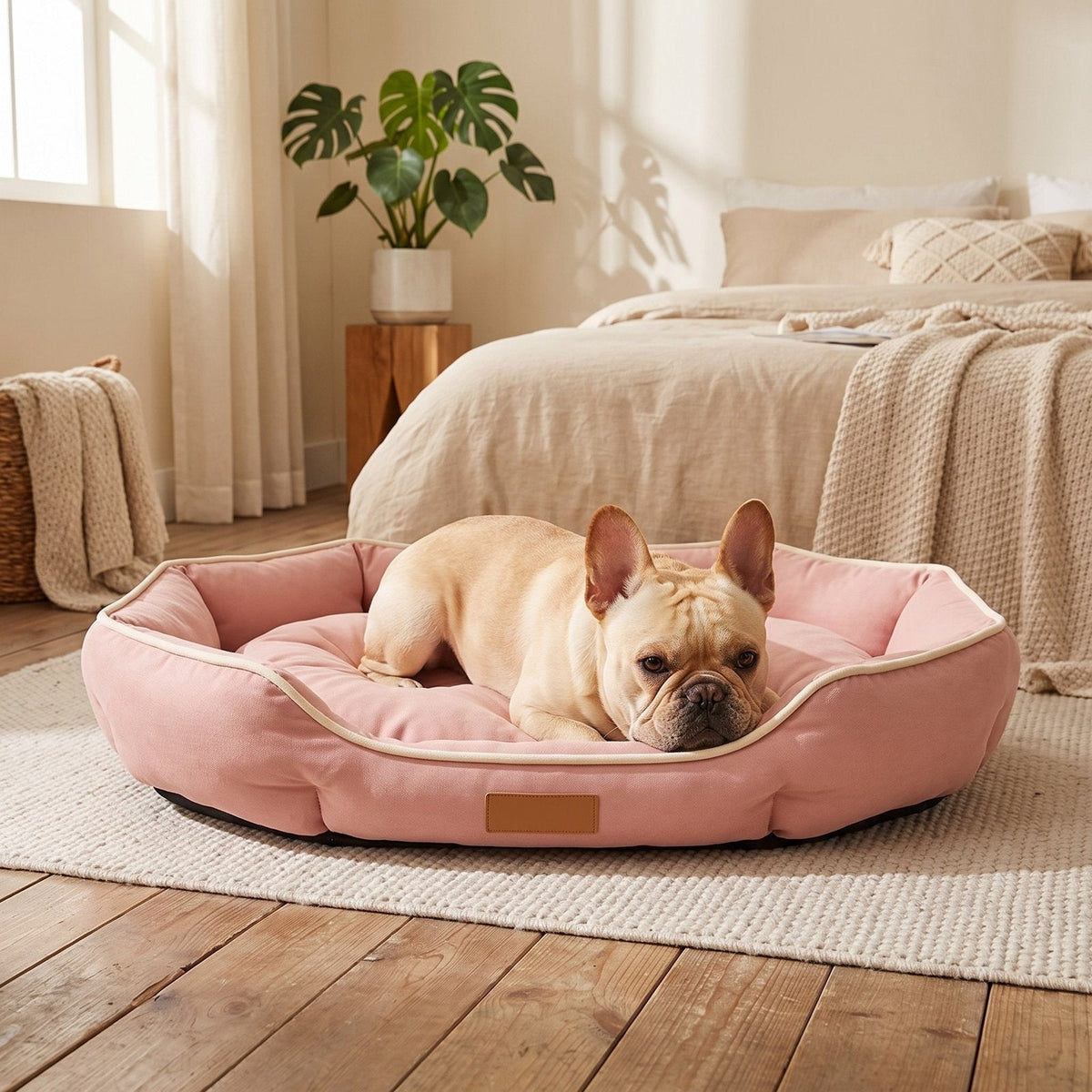 French bulldog lounging in the Blush Pink bolster sofa dog bed in a bedroom