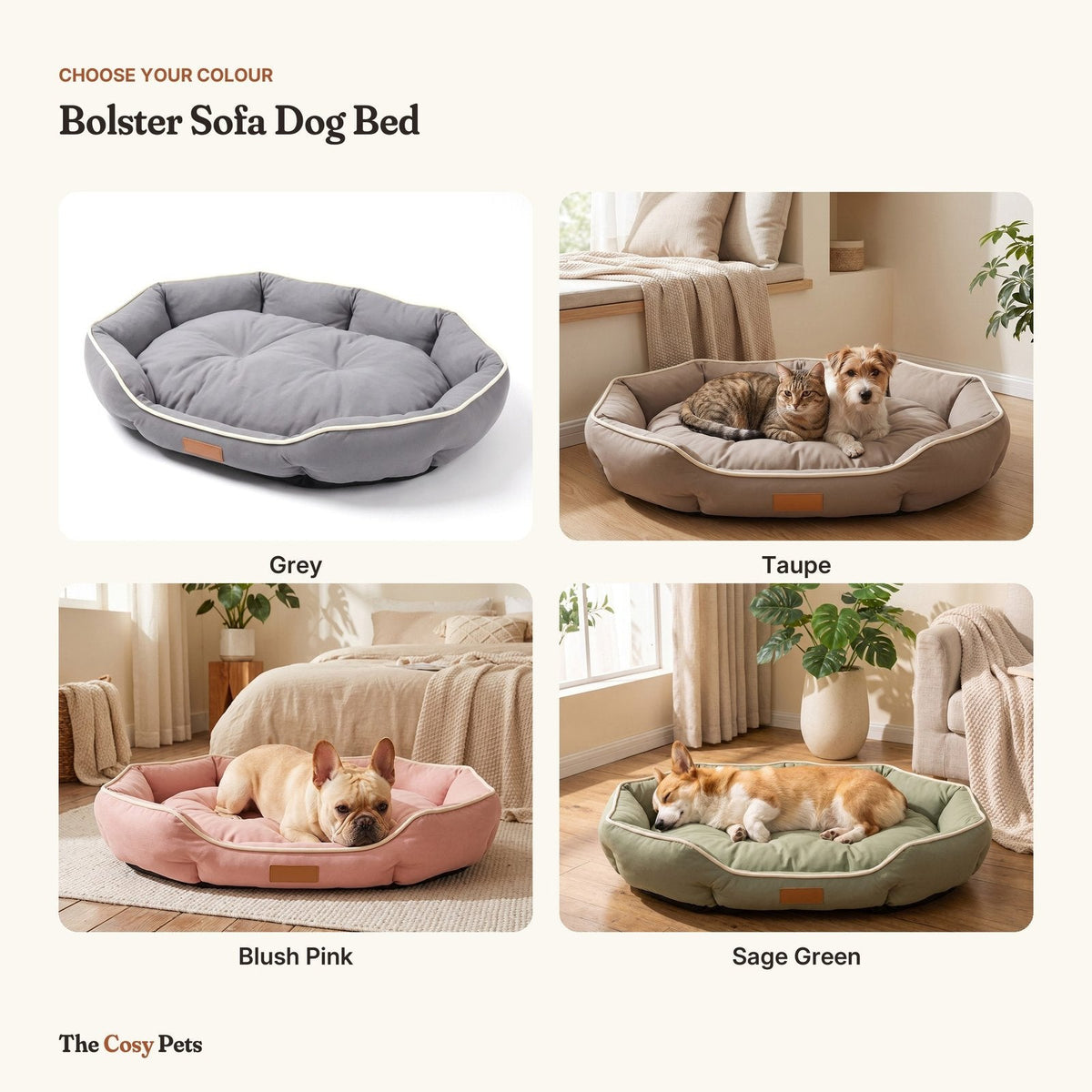 Bolster sofa dog bed colours: Grey, Taupe, Blush Pink and Sage Green