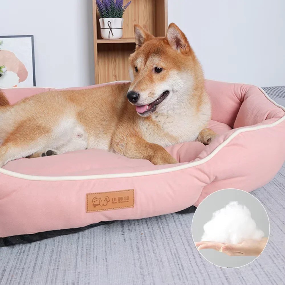 Shiba inu relaxing in the Blush Pink bolster sofa bed