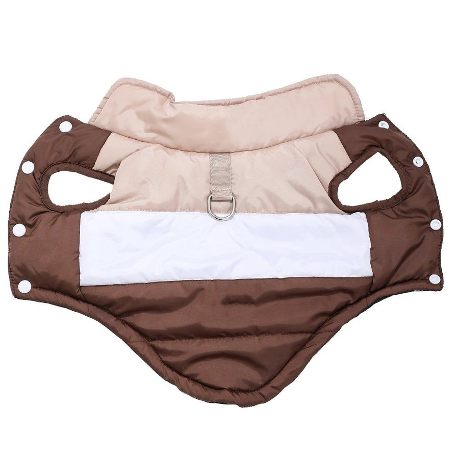 Padded winter dog coat in Mocha with D-ring, laid flat on white