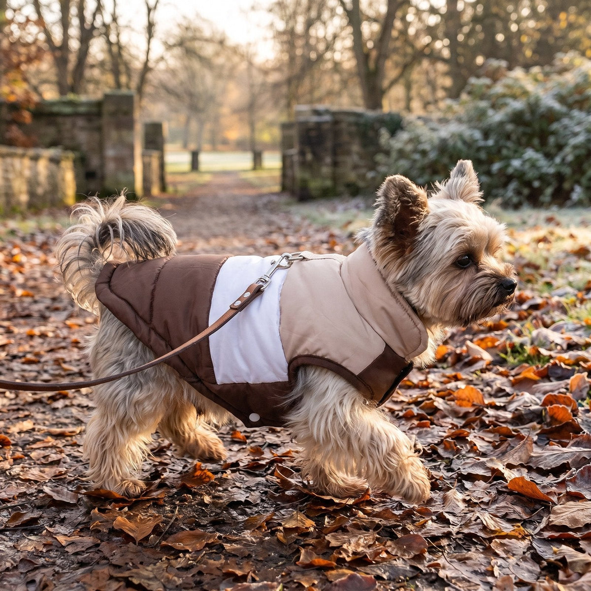 Yorkshire terrier walking on autumn leaves in the Mocha padded dog coat with a lead on the D-ring