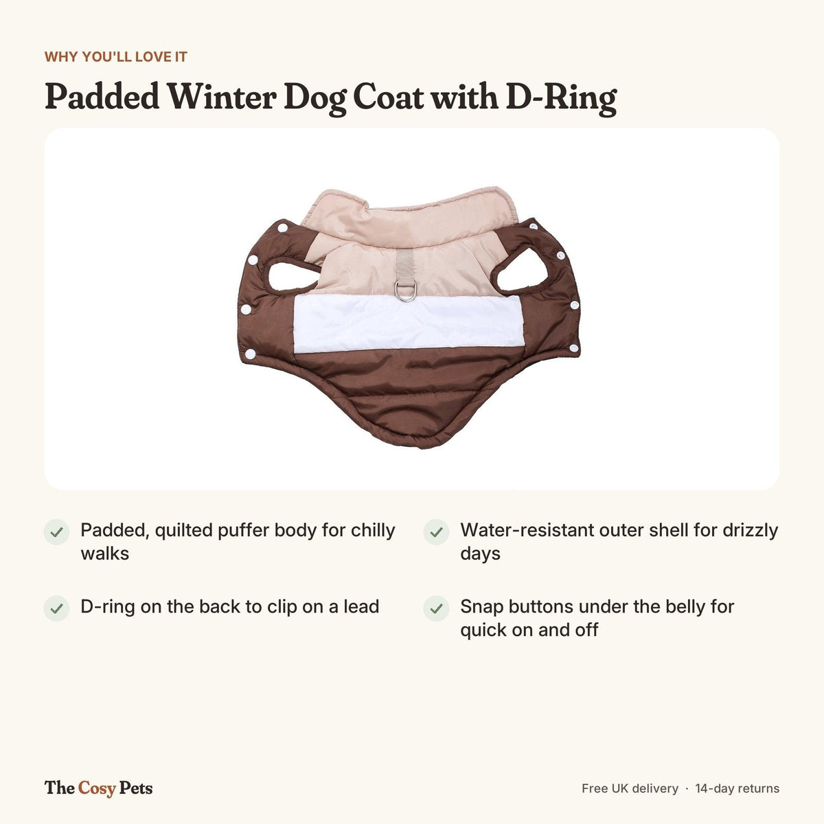 Padded winter dog coat features: warm padding, water-resistant shell, D-ring, snap buttons
