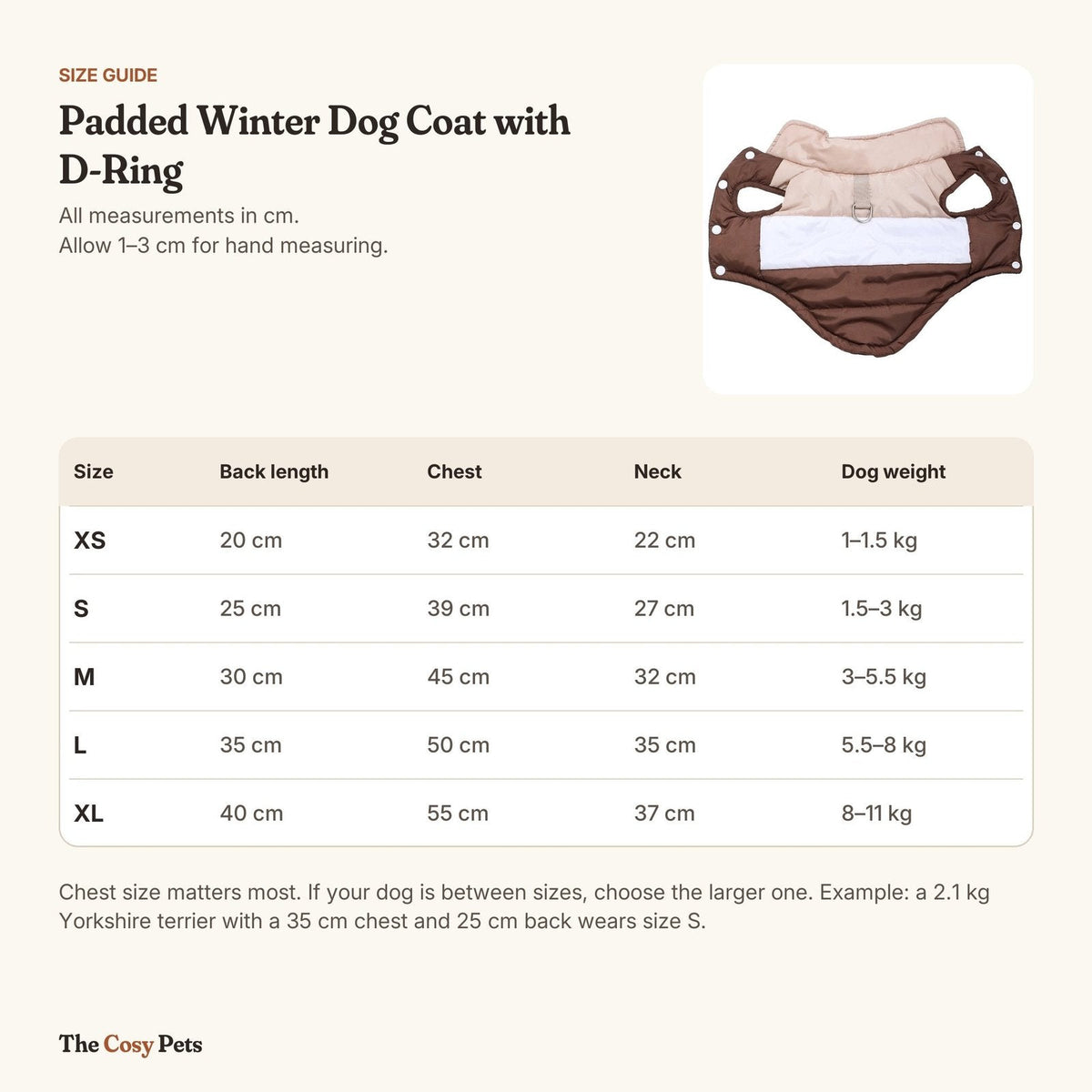 Padded dog coat size guide with back length, chest and neck from XS to XL
