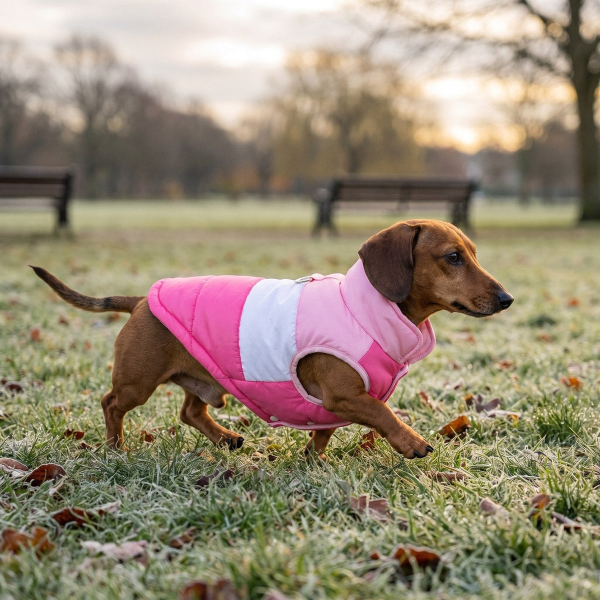 Miniature dachshund trotting on frosty grass in the Pink padded dog coat