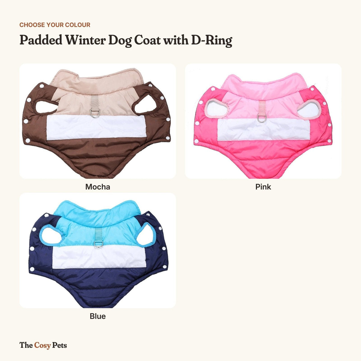 Padded dog coat colours: Mocha, Pink and Blue