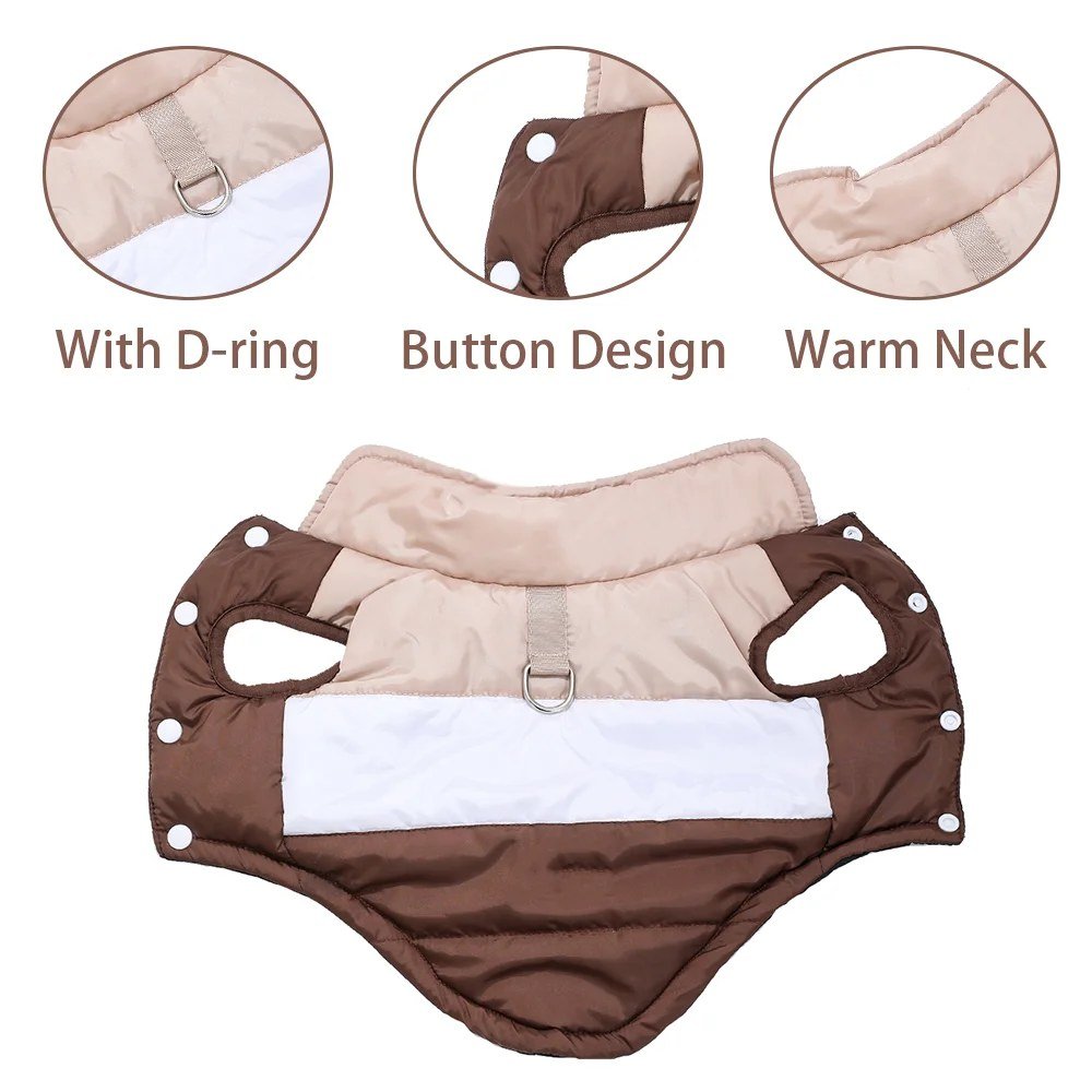 Padded coat details: D-ring, snap buttons and warm collar